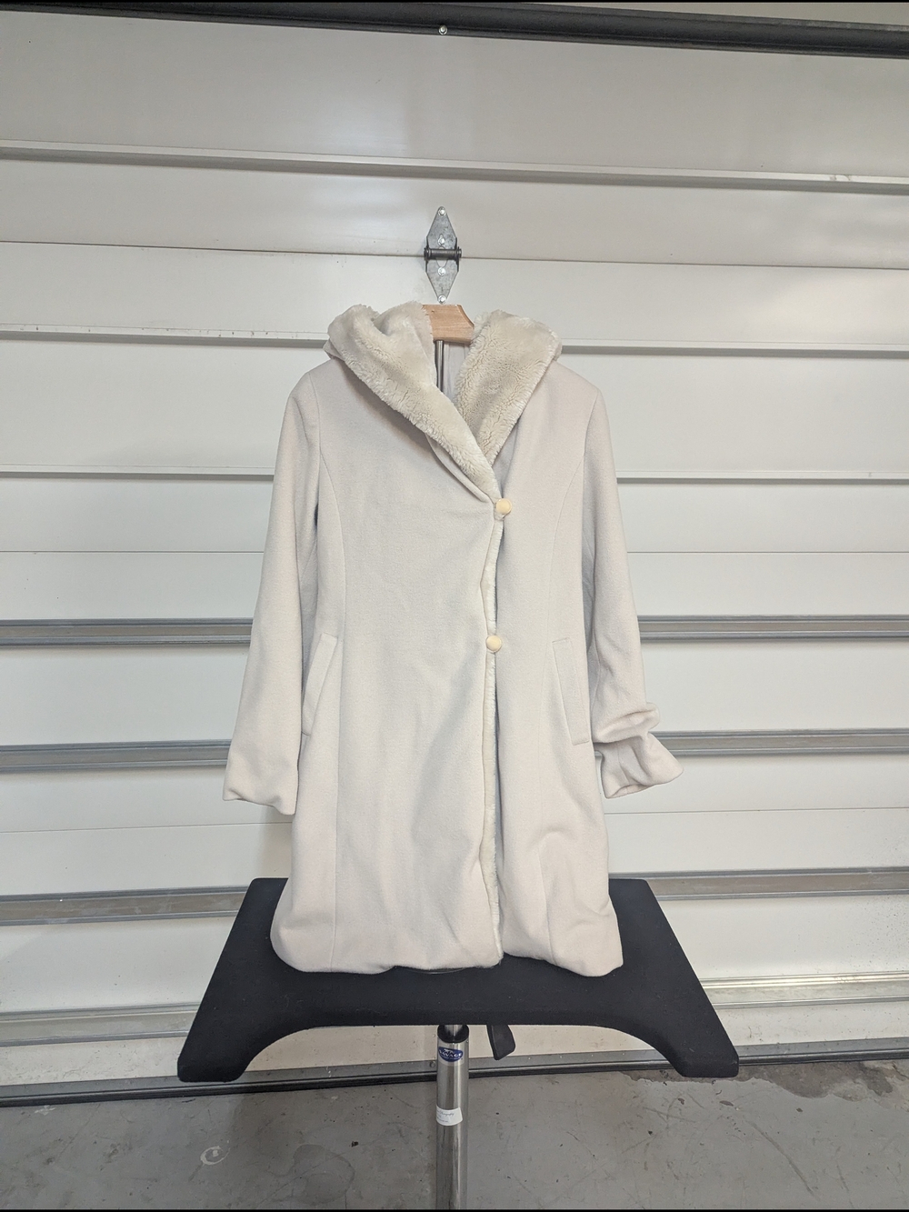 Women's Cream Hooded Faux-Fur Trim Trench Coat